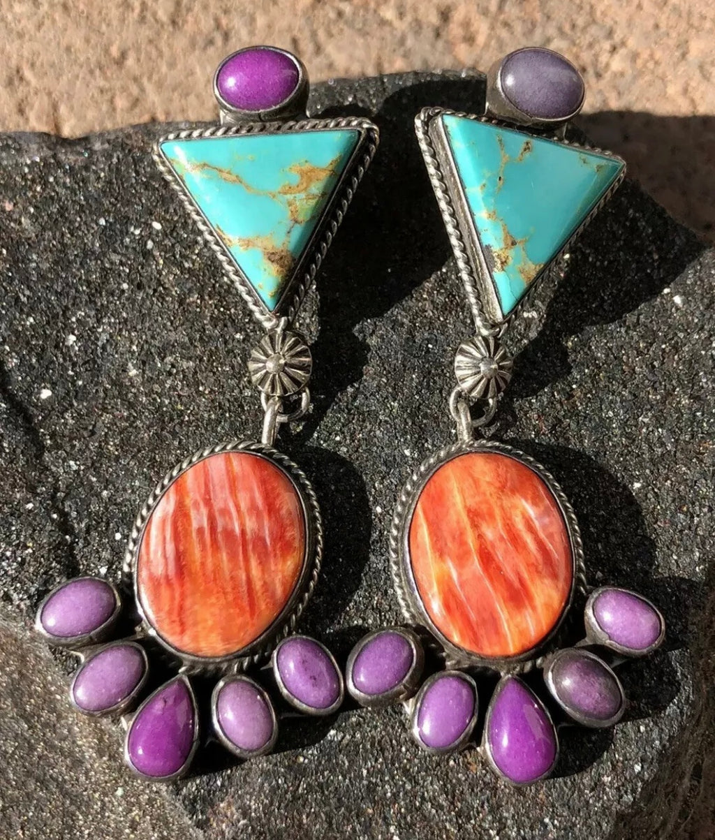 Turquoise, Spiny Oyster, Charoite Earrings