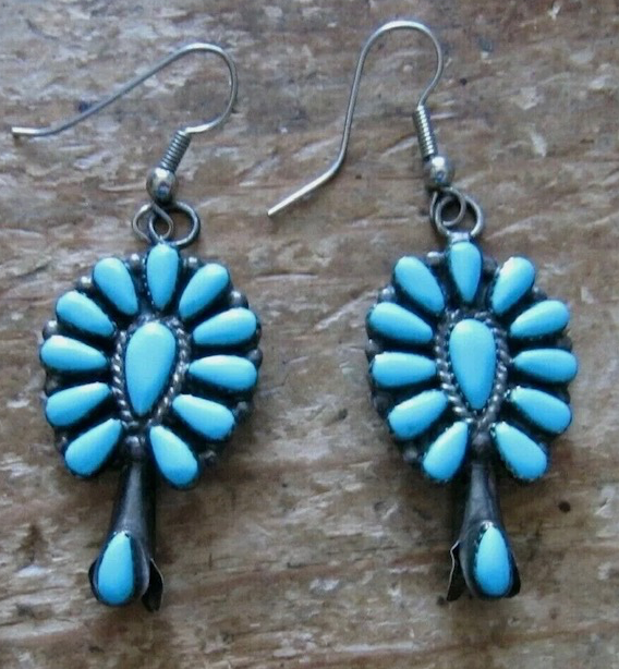 VINTAGE SQUASH BLOSSOM STERLING TURQUOISE EARRINGS