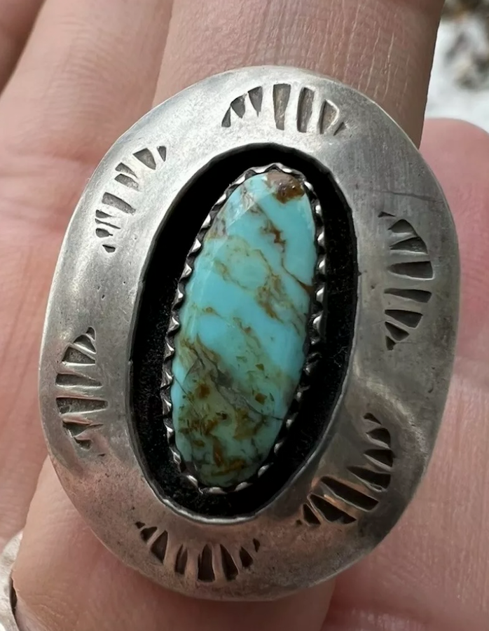 Vintage Shadow Box Sterling And Turquoise Ring