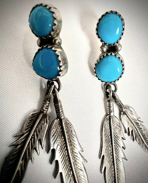 Vintage Navajo Turquoise Feather Earrings