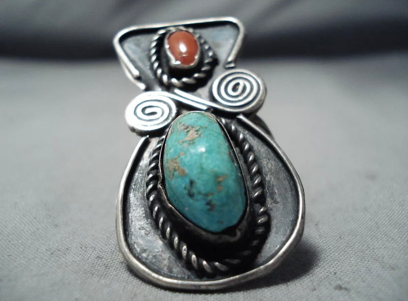 Navajo Turquoise Royston and Coral Ring